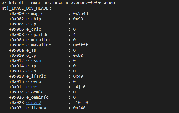 Valores del DOS Header visto desde WinDBG