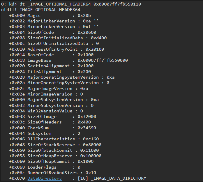 Image Optional Header visto desde WinDBG