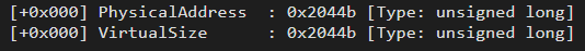 Valores de PhysicalAddress y VirtualSize