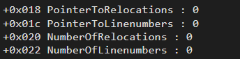 Valores de PointerToRelocations, PointerToLinenumbers, NumberOfRelocations y NumberOfLinenumbers en el Section Header